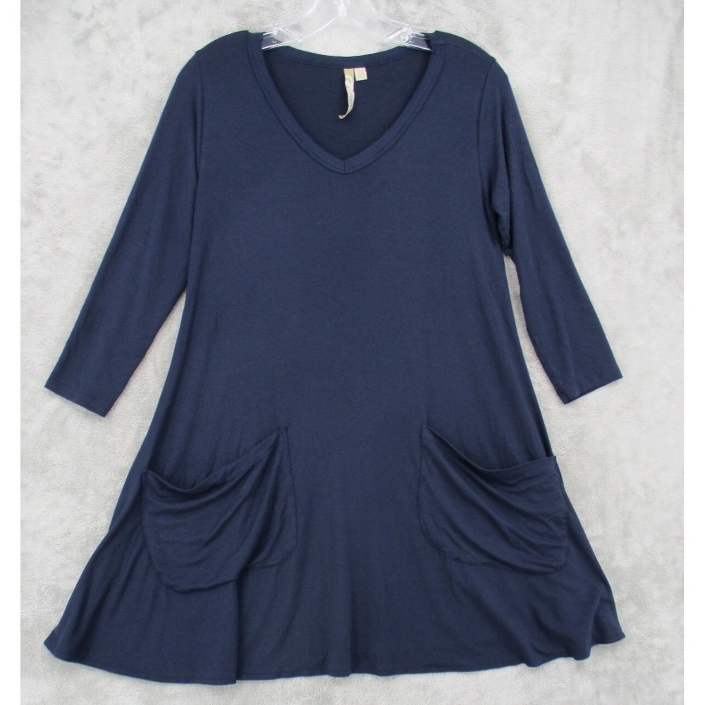 Comfy USA Blouse Womens Size XS Lagenlook Boxy Relaxed Pockets Stretch Navy Blue